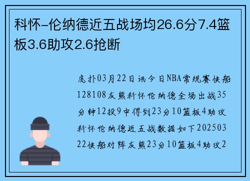 科怀-伦纳德近五战场均26.6分7.4篮板3.6助攻2.6抢断