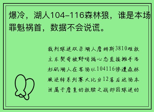 爆冷，湖人104-116森林狼，谁是本场罪魁祸首，数据不会说谎。