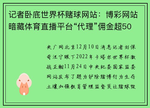 记者卧底世界杯赌球网站：博彩网站暗藏体育直播平台“代理”佣金超50%